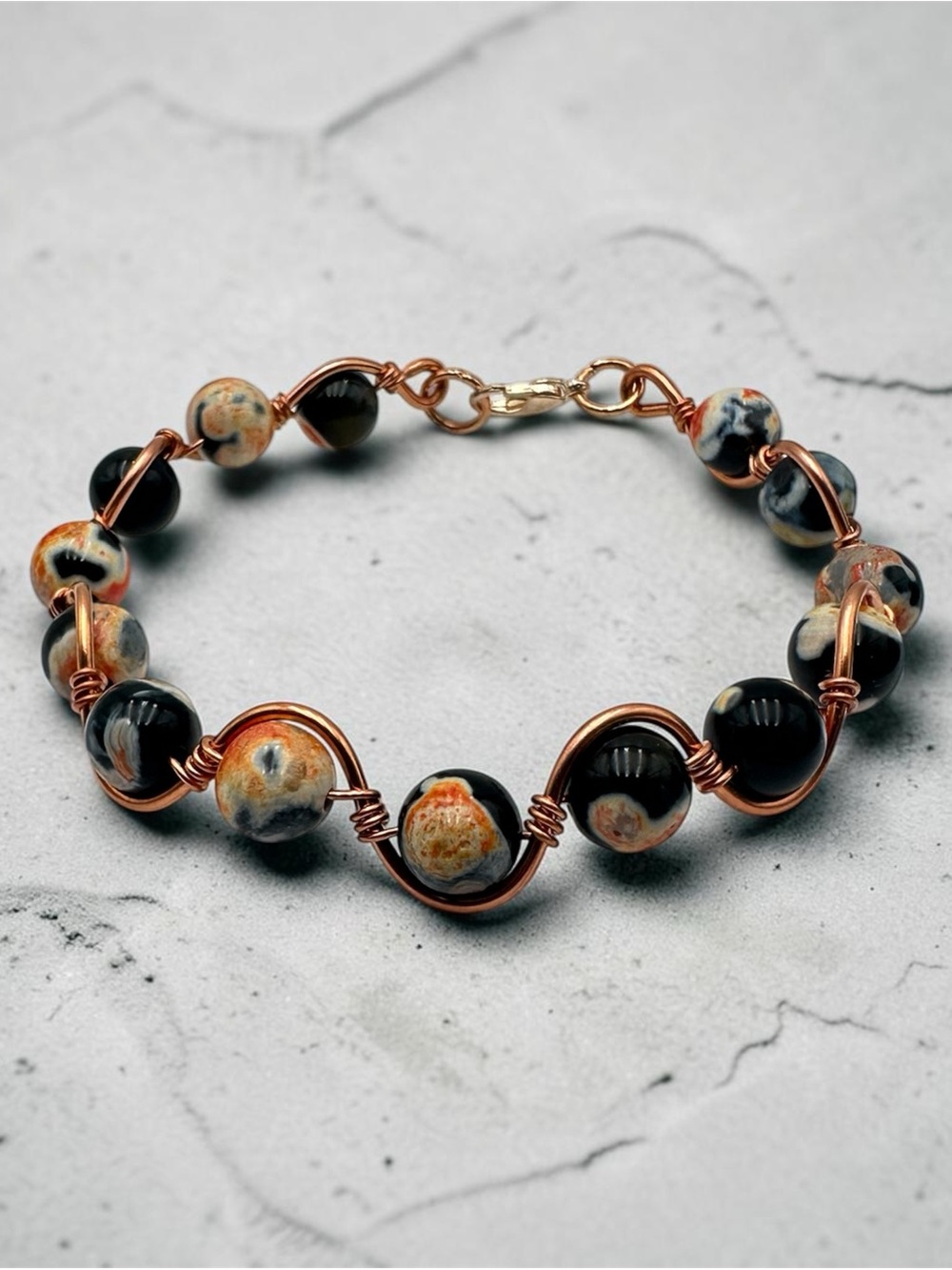 Black & Orange Beaded Copper Wire Bracelet – Handmade Jewelry